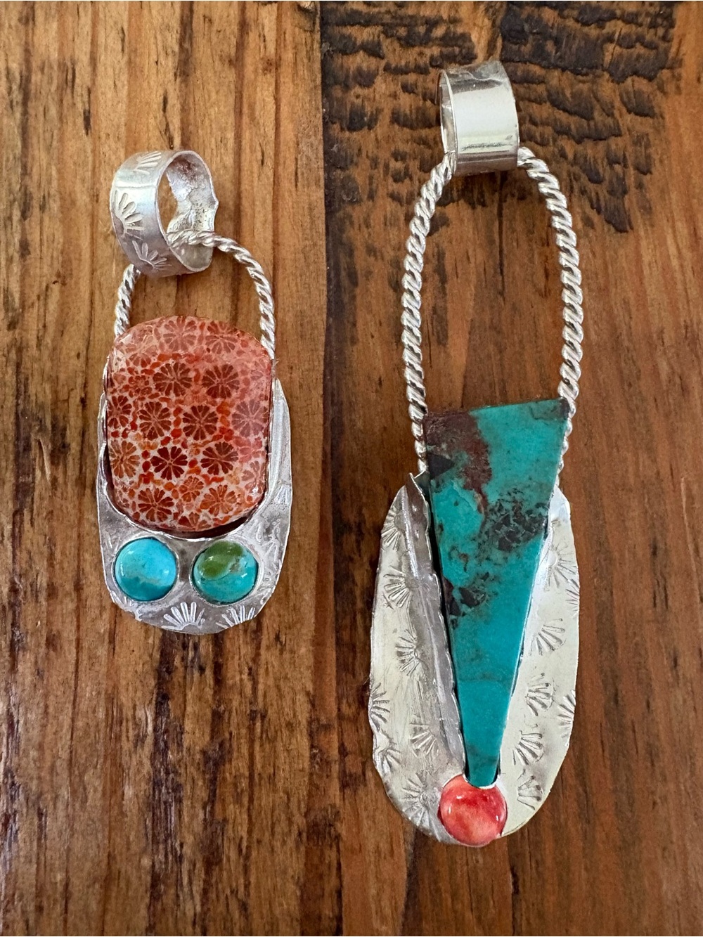 Artist made Sterling Silver Turquoise & fossilized Coral Pendants